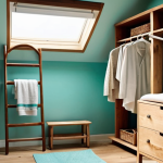 **A serene, naturally lit walk-in closet featuring earthy tones and sustainable materials. Focus on wooden shelves and drawers filled with neatly folded natural fiber clothing. A turquoise painted vintage wooden ladder serves as a towel rack. Soft, diffused natural light streams in from a skylight.**