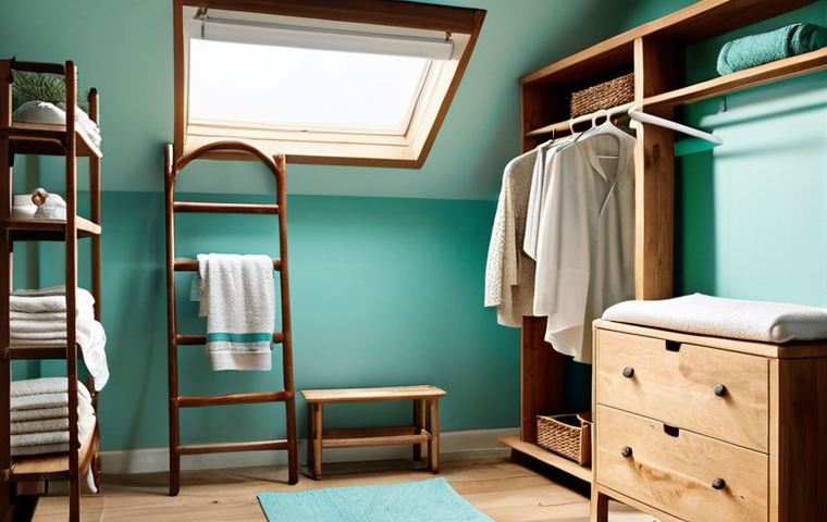 **A serene, naturally lit walk-in closet featuring earthy tones and sustainable materials. Focus on wooden shelves and drawers filled with neatly folded natural fiber clothing. A turquoise painted vintage wooden ladder serves as a towel rack. Soft, diffused natural light streams in from a skylight.**