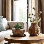 **

`A cozy living room interior, natural light streaming through sheer linen curtains, illuminating a solid oak coffee table adorned with succulents and a hand-crafted vase with dried flowers. Rattan baskets hold magazines and blankets. The color palette is earthy: beige, brown, and soft grays accented with muted greens and blues. A warm-white lamp made of wood sits on a side table, casting a gentle glow.  Minimalist decor with a touch of Scandinavian style.  Photorealistic.`

**