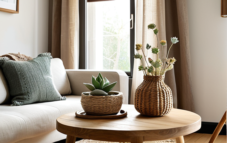 **

`A cozy living room interior, natural light streaming through sheer linen curtains, illuminating a solid oak coffee table adorned with succulents and a hand-crafted vase with dried flowers. Rattan baskets hold magazines and blankets. The color palette is earthy: beige, brown, and soft grays accented with muted greens and blues. A warm-white lamp made of wood sits on a side table, casting a gentle glow.  Minimalist decor with a touch of Scandinavian style.  Photorealistic.`

**