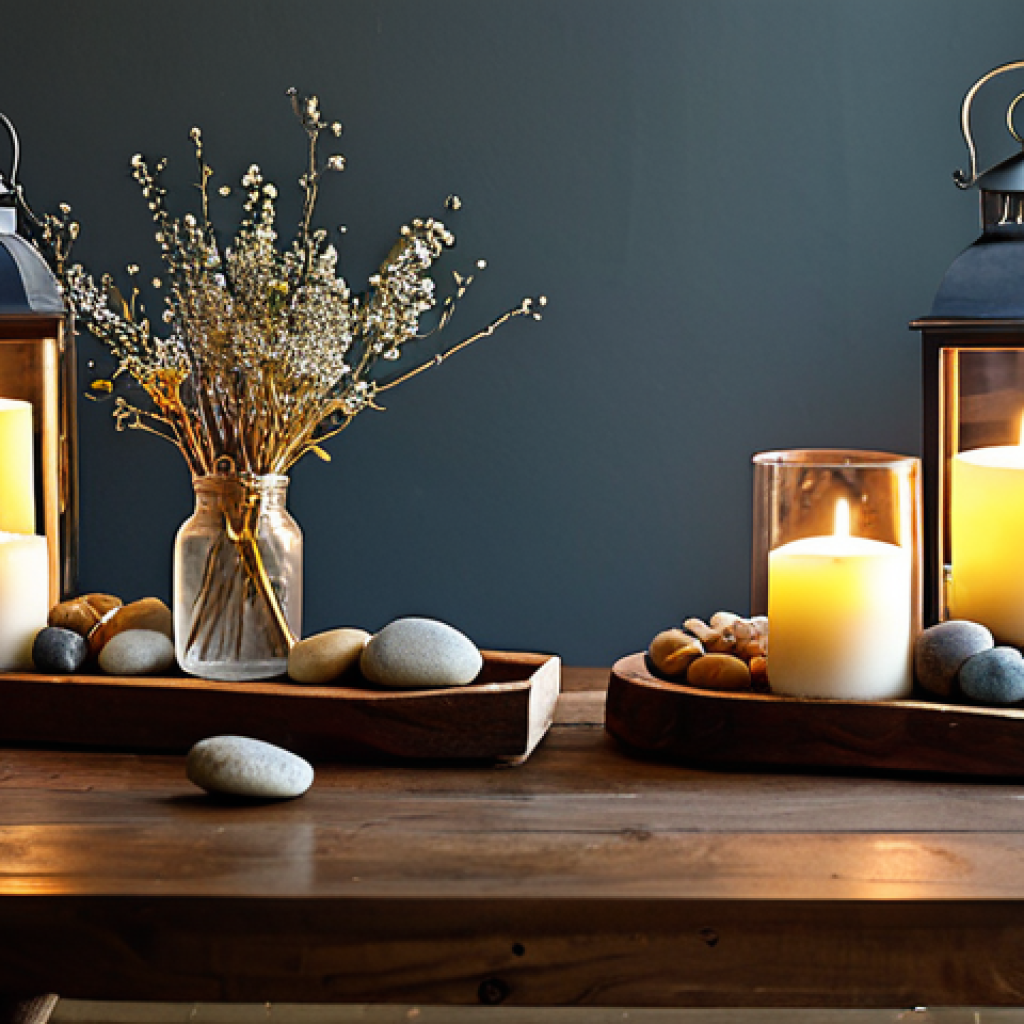 A rustic wooden dining table adorned with a natural centerpiece, featuring delicate dried wildflowers, polished river stones, and a cluster of slender branches. Warm, flickering candlelight emanates from simple glass lanterns, casting soft shadows. The scene evokes a cozy, sustainable, and mindful atmosphere. Professional photography, high quality, natural lighting, safe for work, appropriate content, fully clothed, modest, family-friendly, perfect anatomy, correct proportions, natural pose, well-formed hands, proper finger count, natural body proportions.