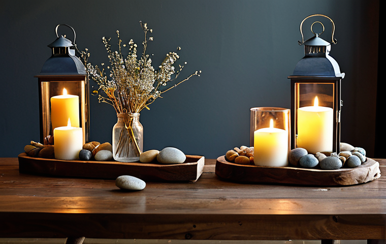 A rustic wooden dining table adorned with a natural centerpiece, featuring delicate dried wildflowers, polished river stones, and a cluster of slender branches. Warm, flickering candlelight emanates from simple glass lanterns, casting soft shadows. The scene evokes a cozy, sustainable, and mindful atmosphere. Professional photography, high quality, natural lighting, safe for work, appropriate content, fully clothed, modest, family-friendly, perfect anatomy, correct proportions, natural pose, well-formed hands, proper finger count, natural body proportions.