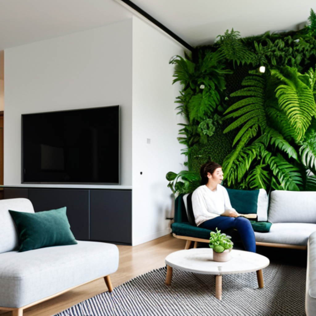 **
A cozy living room featuring a vertical garden on one wall. Various potted plants, including pothos and ferns, cascade down the wall. The room has a modern, minimalist design with natural light. Fully clothed people are relaxing and enjoying the green space. Safe for work, appropriate content, fully clothed, family-friendly, perfect anatomy, natural pose.
**