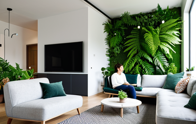 **
A cozy living room featuring a vertical garden on one wall. Various potted plants, including pothos and ferns, cascade down the wall. The room has a modern, minimalist design with natural light. Fully clothed people are relaxing and enjoying the green space. Safe for work, appropriate content, fully clothed, family-friendly, perfect anatomy, natural pose.
**