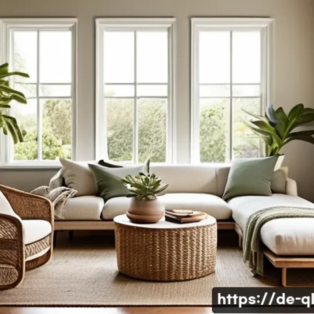 자연주의 홈 데코에 어울리는 액세서리 - **Prompt:** "A serene and inviting living room, bathed in soft, warm daylight filtering through a la...