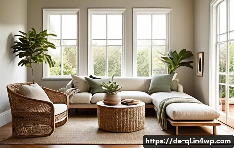 자연주의 홈 데코에 어울리는 액세서리 - **Prompt:** "A serene and inviting living room, bathed in soft, warm daylight filtering through a la...
