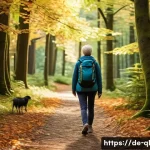자연주의 인테리어에 어울리는 주말 활동 - A serene scene of a middle-aged woman taking a mindful walk through a lush German forest park during...