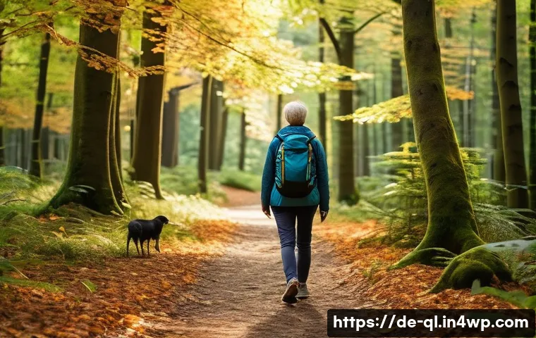 자연주의 인테리어에 어울리는 주말 활동 - A serene scene of a middle-aged woman taking a mindful walk through a lush German forest park during...