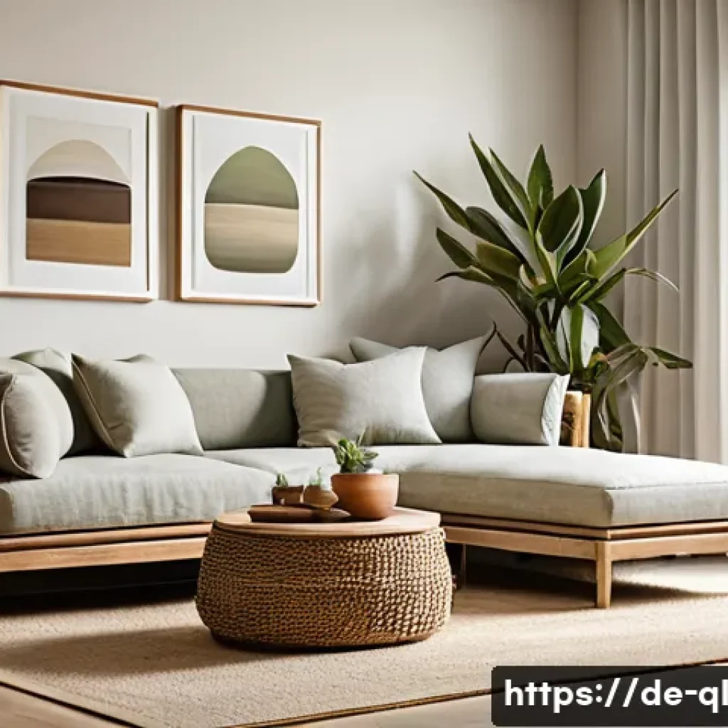 자연주의 디자인의 철학과 원칙 - A warm, inviting living room interior featuring natural materials like untreated oak and walnut wood...