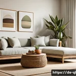 자연주의 디자인의 철학과 원칙 - A warm, inviting living room interior featuring natural materials like untreated oak and walnut wood...