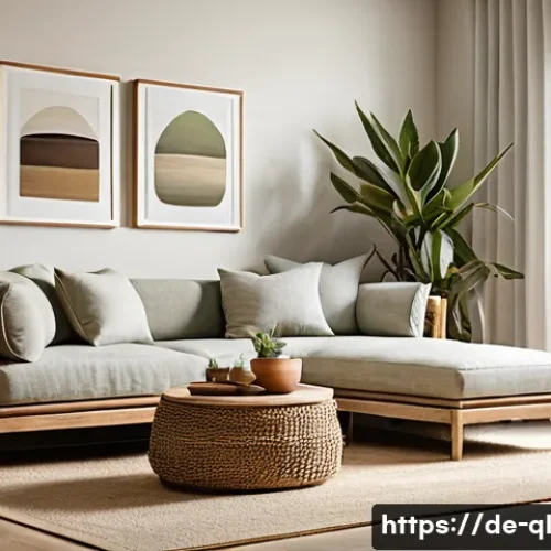 자연주의 디자인의 철학과 원칙 - A warm, inviting living room interior featuring natural materials like untreated oak and walnut wood...