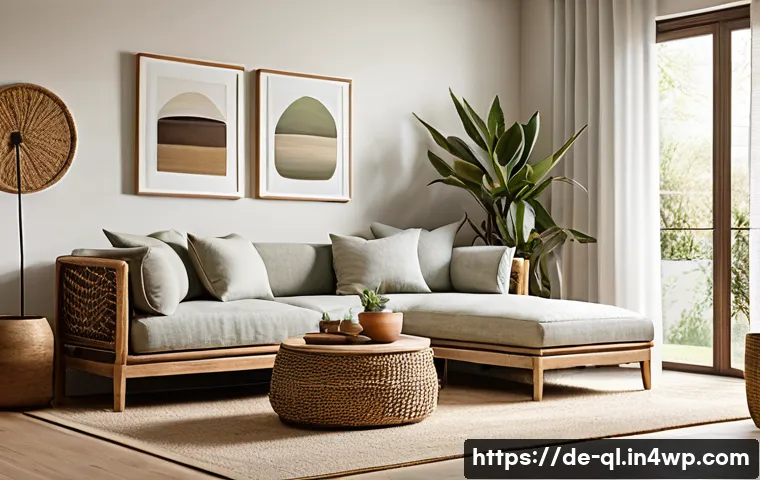 자연주의 디자인의 철학과 원칙 - A warm, inviting living room interior featuring natural materials like untreated oak and walnut wood...