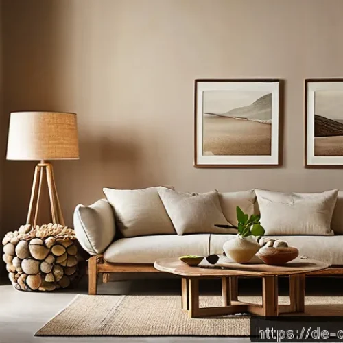 자연주의 홈 데코를 위한 소품 DIY - A cozy living room interior showcasing natural materials, featuring warm wooden furniture with visib...