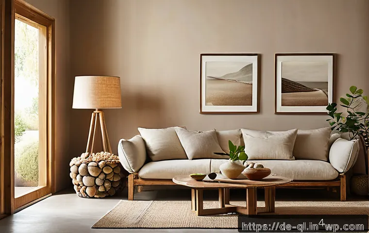 자연주의 홈 데코를 위한 소품 DIY - A cozy living room interior showcasing natural materials, featuring warm wooden furniture with visib...