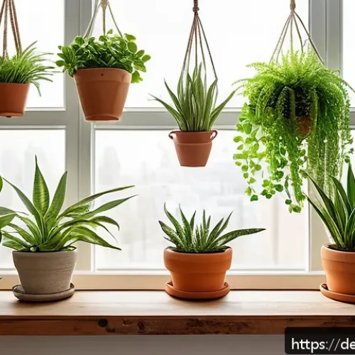 자연주의 홈 데코에 적합한 테마 - A cozy urban apartment corner featuring a variety of easy-care indoor plants such as pothos, snake p...
