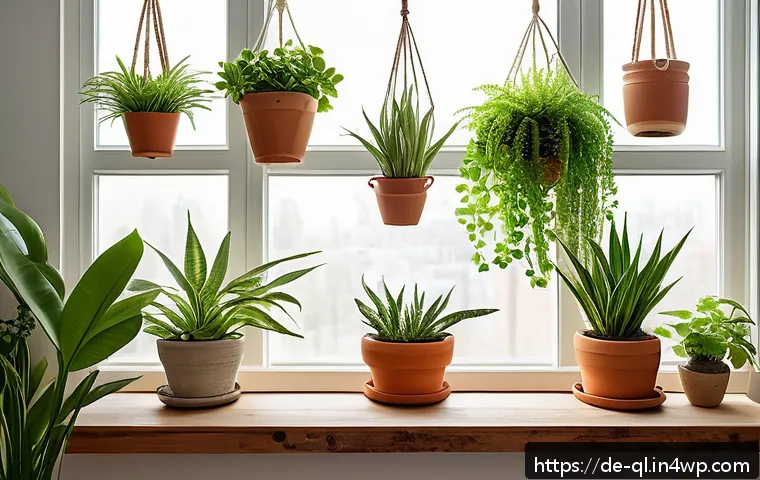 자연주의 홈 데코에 적합한 테마 - A cozy urban apartment corner featuring a variety of easy-care indoor plants such as pothos, snake p...