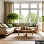 자연주의 홈 데코에서의 에코 프렌들리 선택 - A cozy, sustainable living room scene in a modern German apartment featuring FSC-certified solid woo...