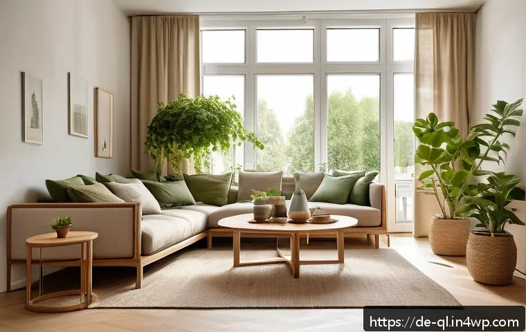 자연주의 홈 데코에서의 에코 프렌들리 선택 - A cozy, sustainable living room scene in a modern German apartment featuring FSC-certified solid woo...