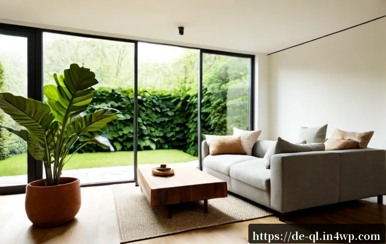 Home 17 자연을 느낄 수 있는 거실 꾸미기 - Photorealistic sunlit German apartment living room designed to bring nature indoors, large floor-to-...