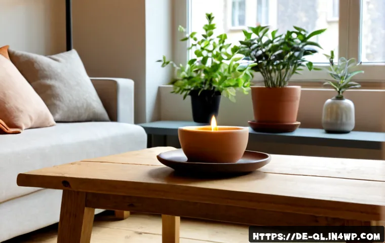 Home 17 자연주의 홈 데코를 위한 향초 사용법 - Photorealistic natural home decor scene in a bright German apartment living room, a single unlit bee...