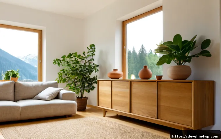 자연주의 홈 데코의 전통과 현대적 해석 - Photorealistic traditional-meets-modern natural home decor in a bright German living room, handcraft...